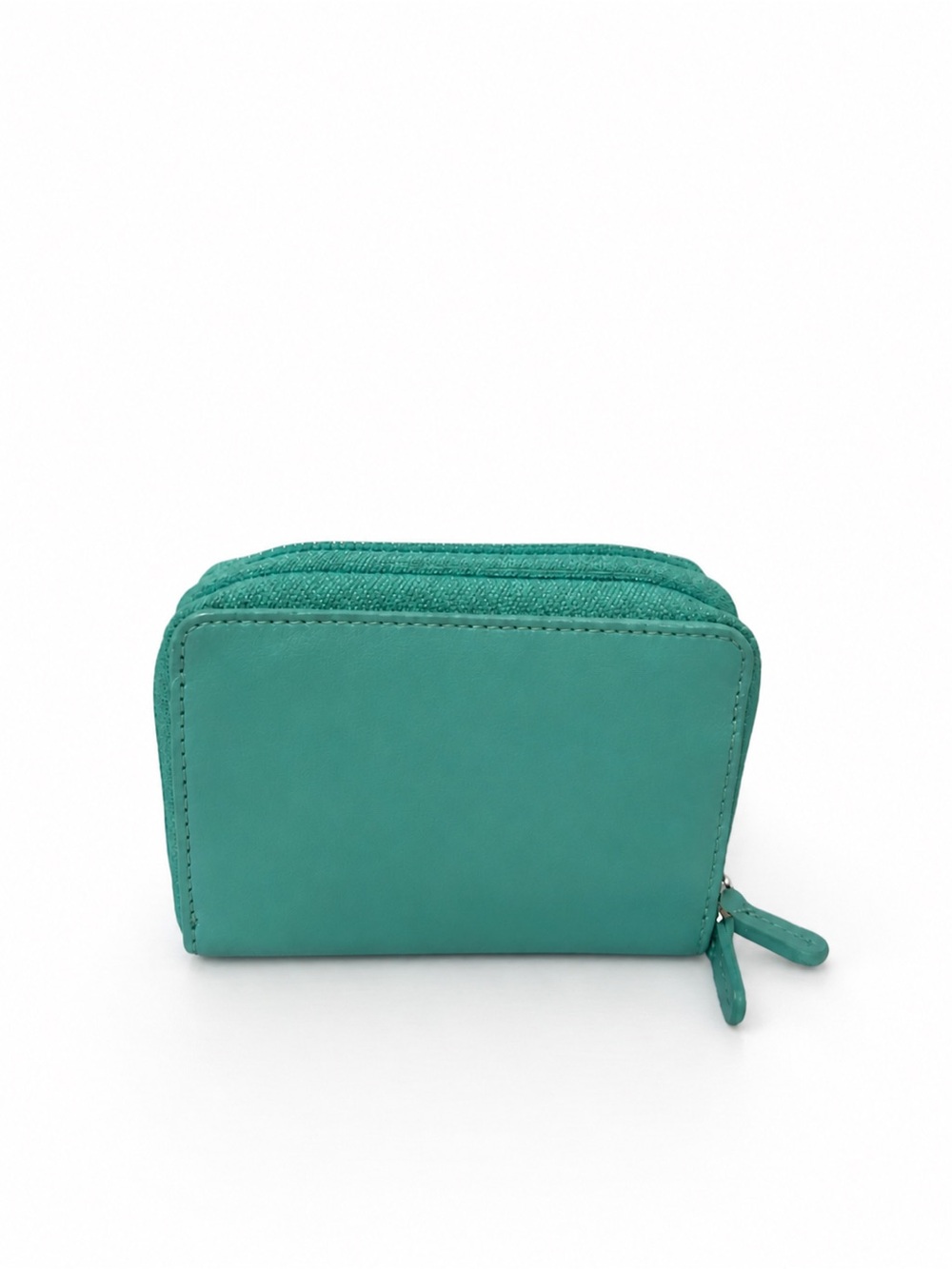 Turquoise Genuine Leather Zip Card Wallet with Leopard Interior